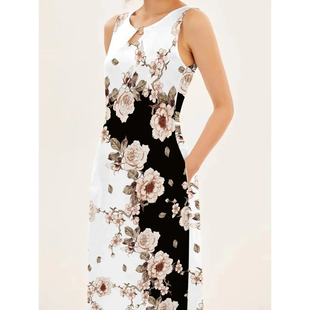 Flower Print New Casual Sleeveless Long Dress