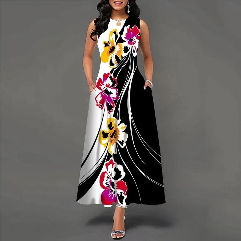 Flower Print New Casual Sleeveless Long Dress