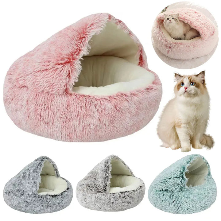 Round Fluffy Calming Bed with Hooded Cover