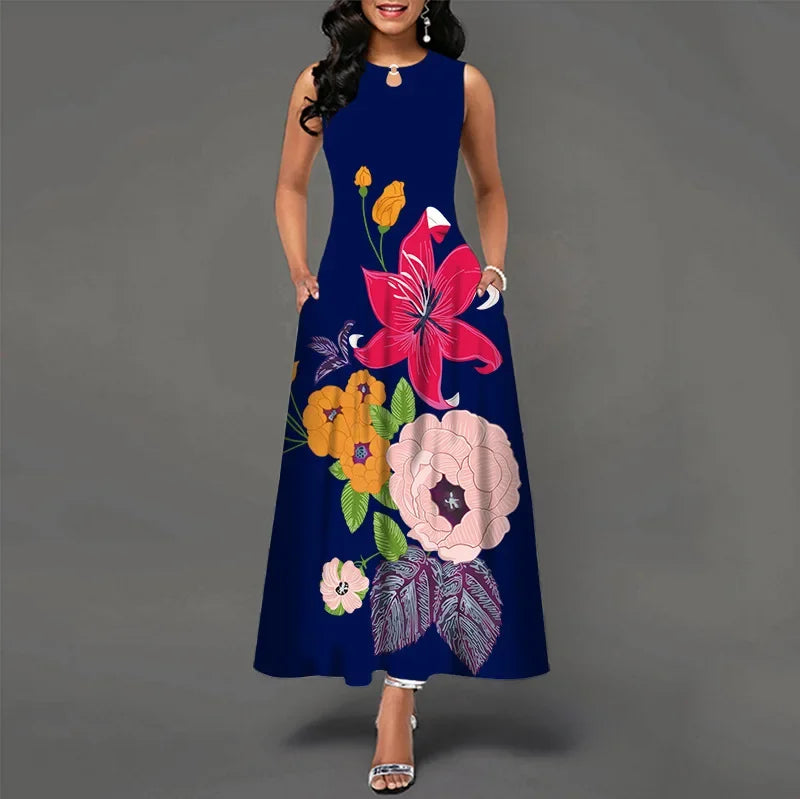 Flower Print New Casual Sleeveless Long Dress