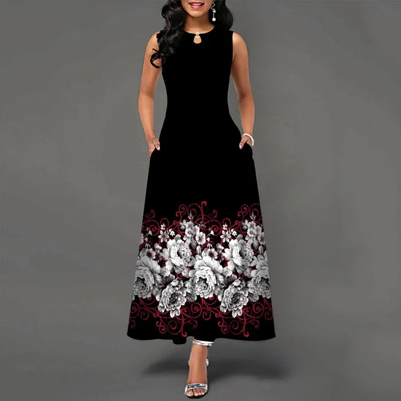 Flower Print New Casual Sleeveless Long Dress