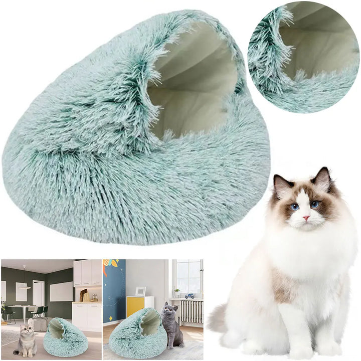 Round Fluffy Calming Bed with Hooded Cover