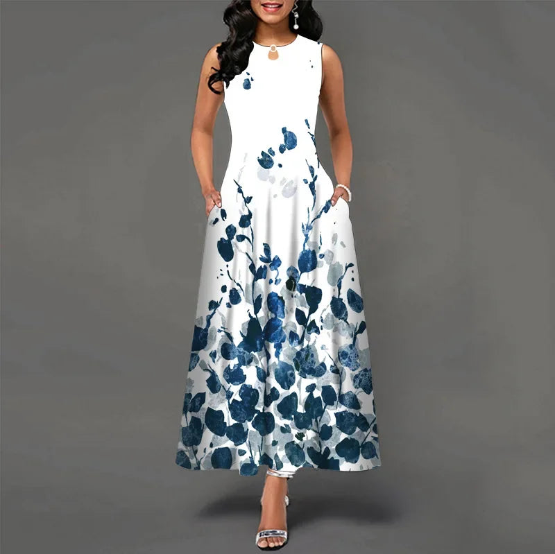 Flower Print New Casual Sleeveless Long Dress