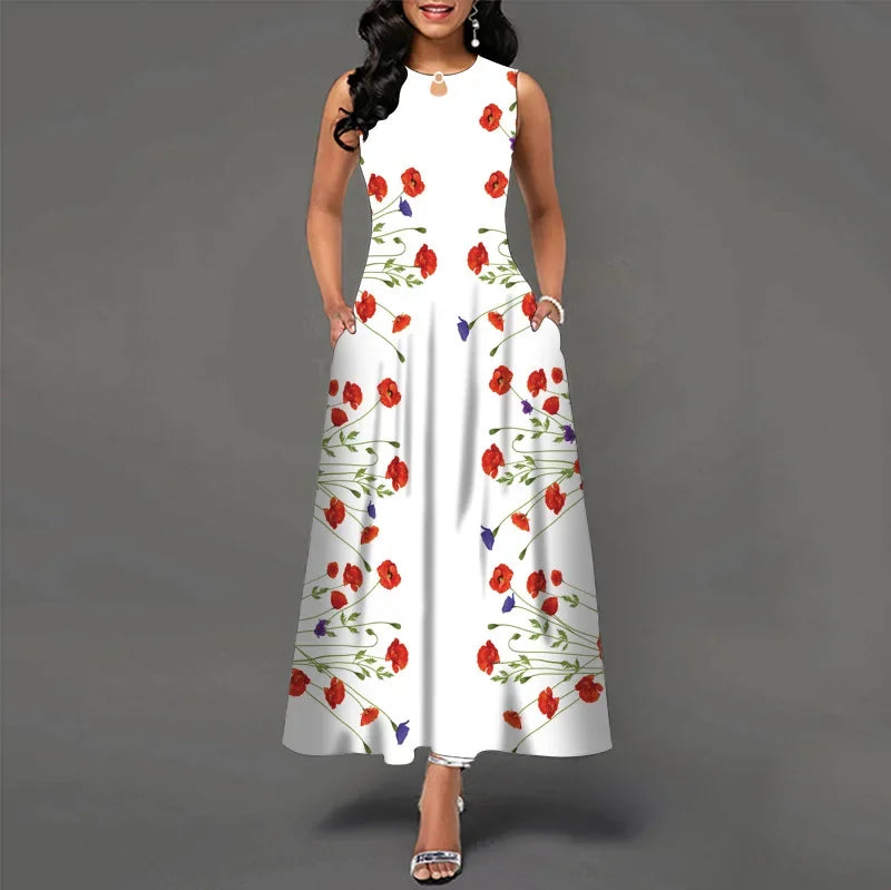 Flower Print New Casual Sleeveless Long Dress